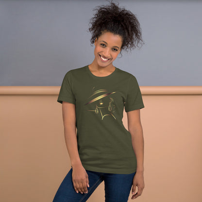Minimalist Gold Line Art Elegant Woman T-Shirt - Mysterious Lady in Hat Graphic Tee