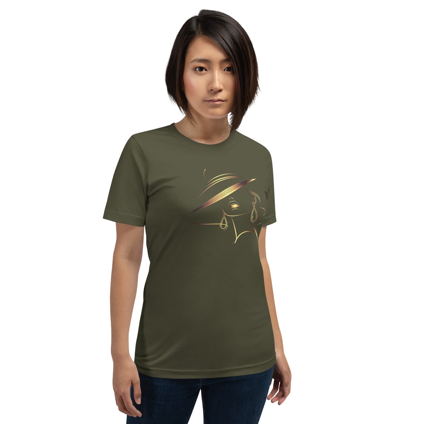 Minimalist Gold Line Art Elegant Woman T-Shirt - Mysterious Lady in Hat Graphic Tee