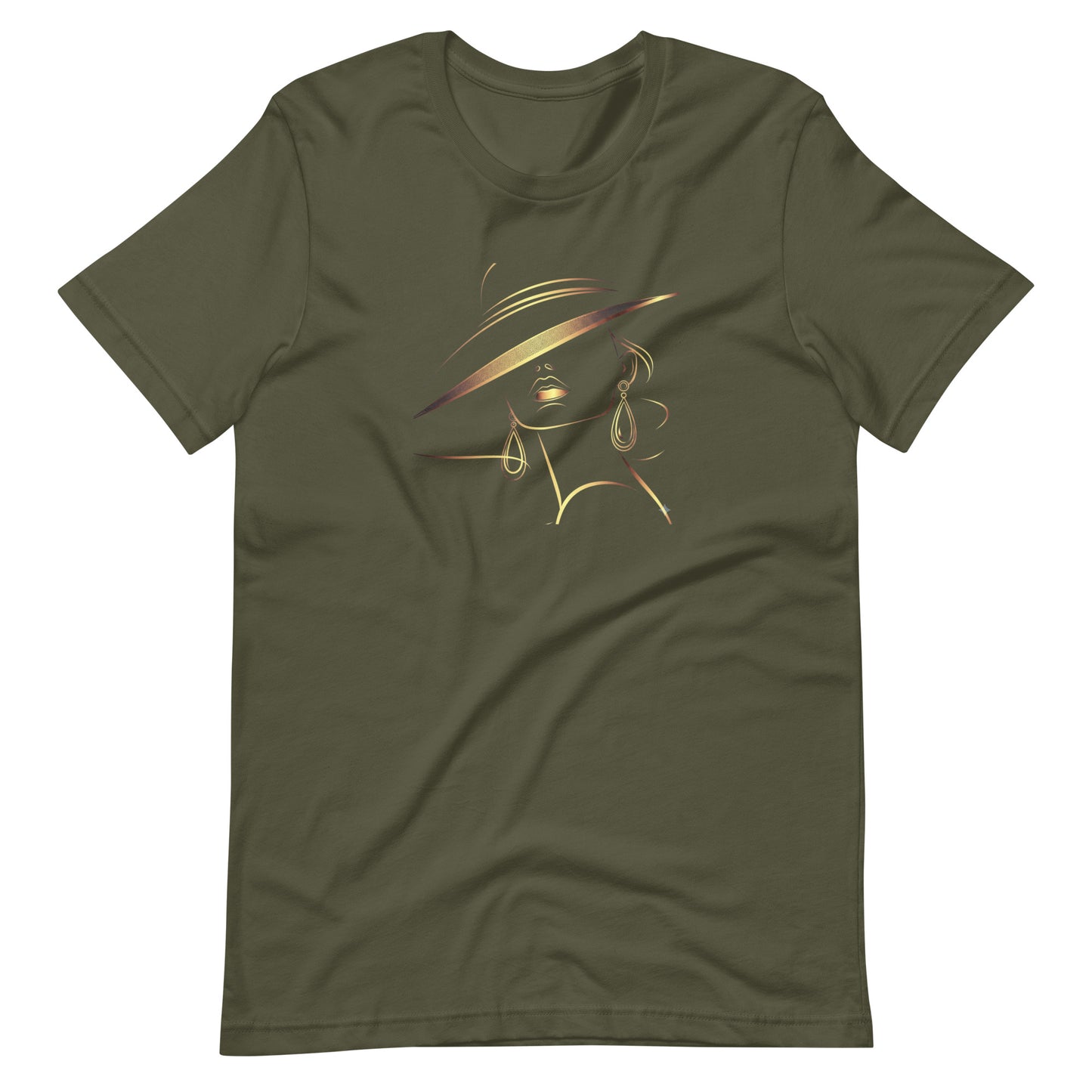 Minimalist Gold Line Art Elegant Woman T-Shirt - Mysterious Lady in Hat Graphic Tee