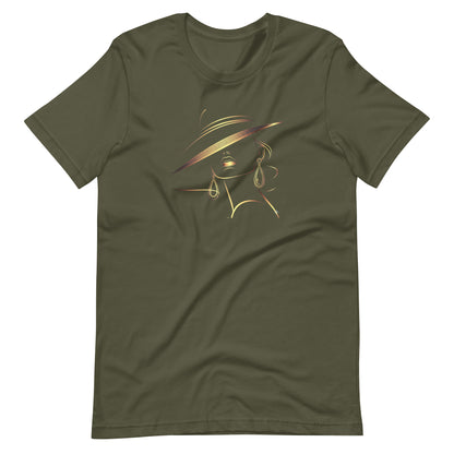 Minimalist Gold Line Art Elegant Woman T-Shirt - Mysterious Lady in Hat Graphic Tee