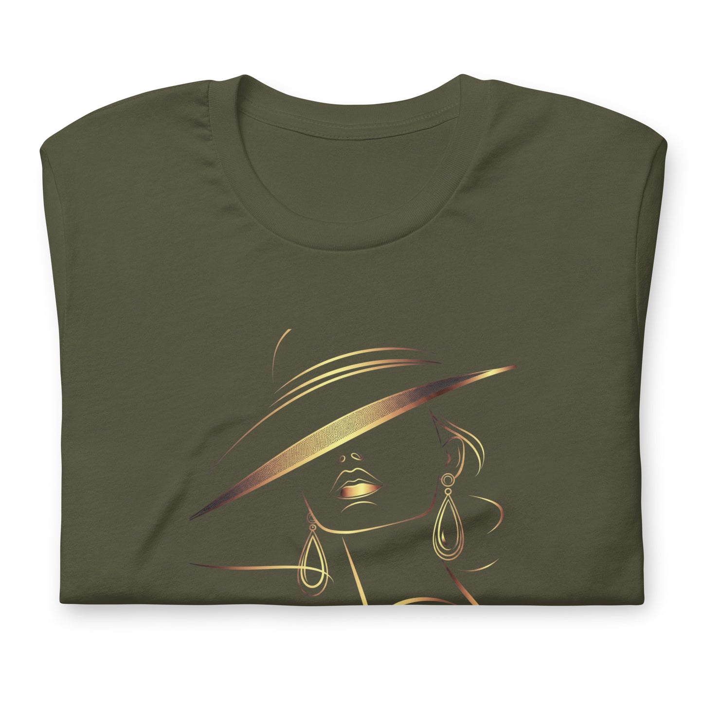 Minimalist Gold Line Art Elegant Woman T-Shirt - Mysterious Lady in Hat Graphic Tee