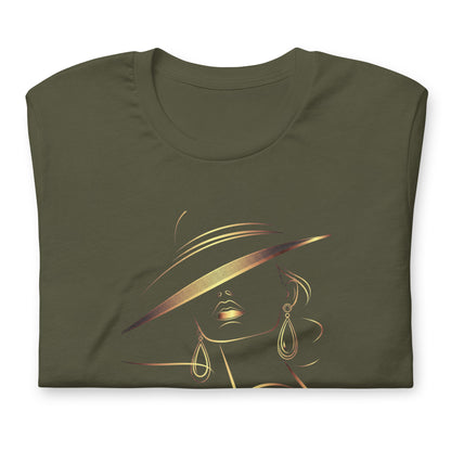 Minimalist Gold Line Art Elegant Woman T-Shirt - Mysterious Lady in Hat Graphic Tee
