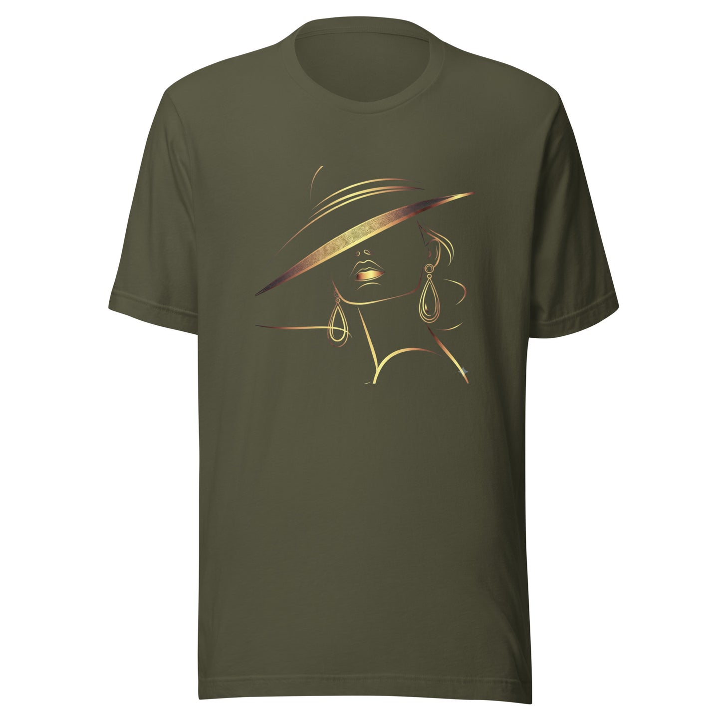 Minimalist Gold Line Art Elegant Woman T-Shirt - Mysterious Lady in Hat Graphic Tee