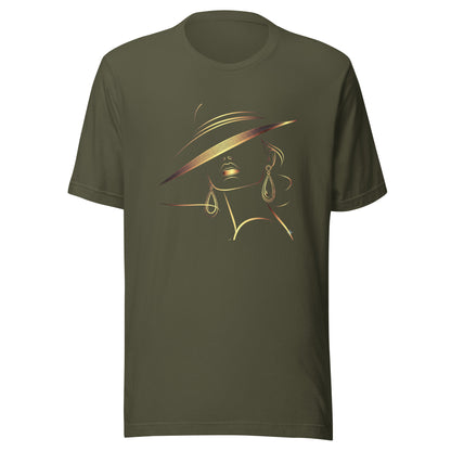 Minimalist Gold Line Art Elegant Woman T-Shirt - Mysterious Lady in Hat Graphic Tee