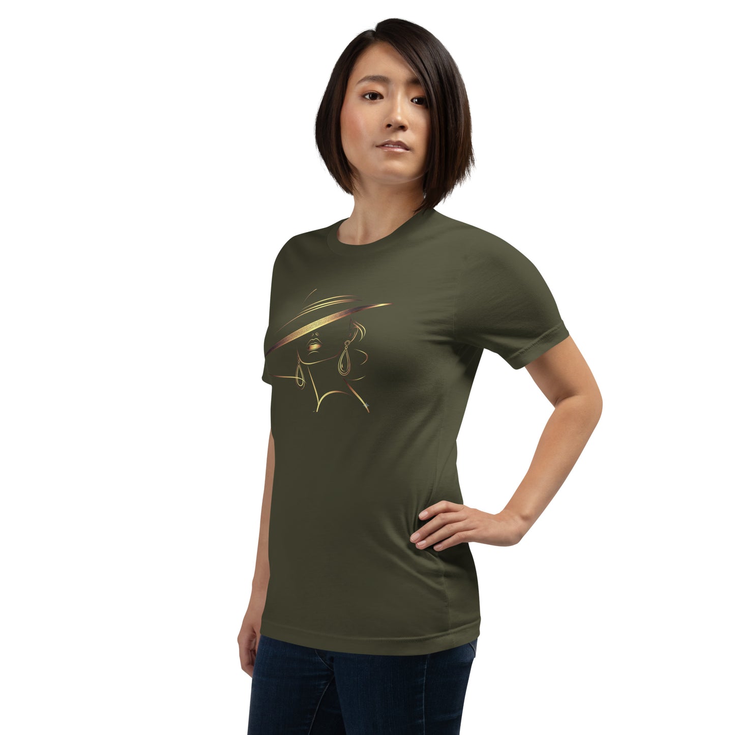 Minimalist Gold Line Art Elegant Woman T-Shirt - Mysterious Lady in Hat Graphic Tee