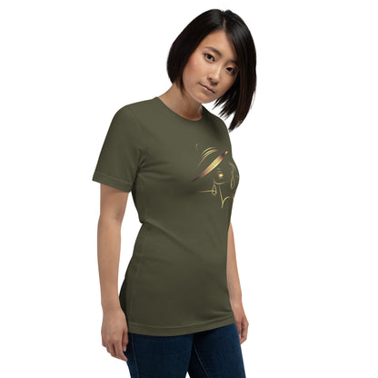 Minimalist Gold Line Art Elegant Woman T-Shirt - Mysterious Lady in Hat Graphic Tee