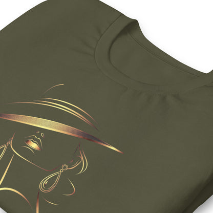 Minimalist Gold Line Art Elegant Woman T-Shirt - Mysterious Lady in Hat Graphic Tee