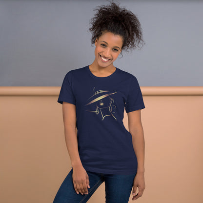 Minimalist Gold Line Art Elegant Woman T-Shirt - Mysterious Lady in Hat Graphic Tee