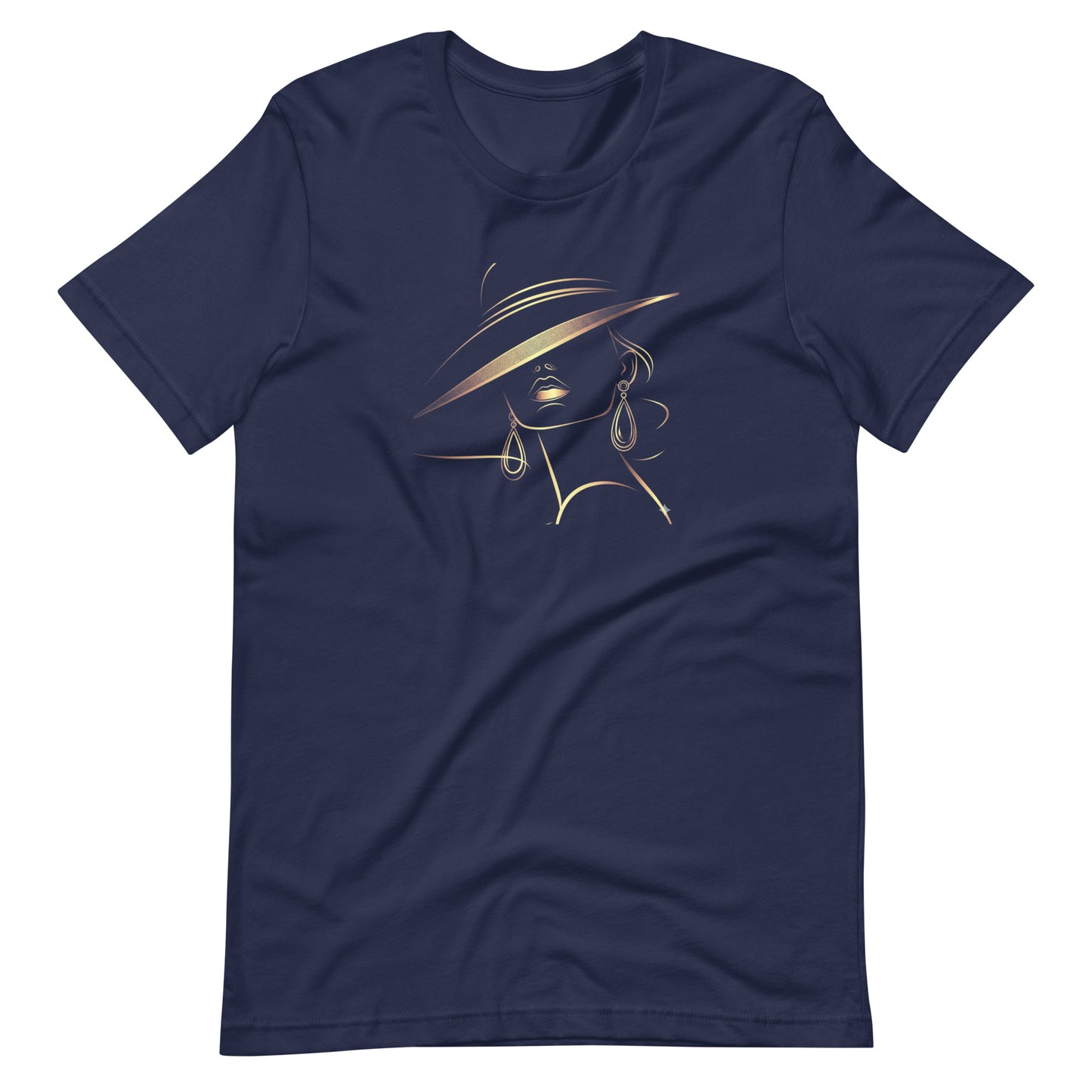 Minimalist Gold Line Art Elegant Woman T-Shirt - Mysterious Lady in Hat Graphic Tee