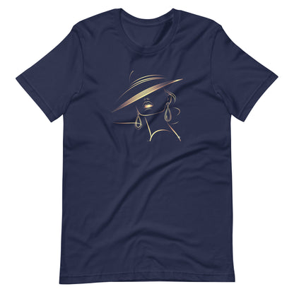 Minimalist Gold Line Art Elegant Woman T-Shirt - Mysterious Lady in Hat Graphic Tee
