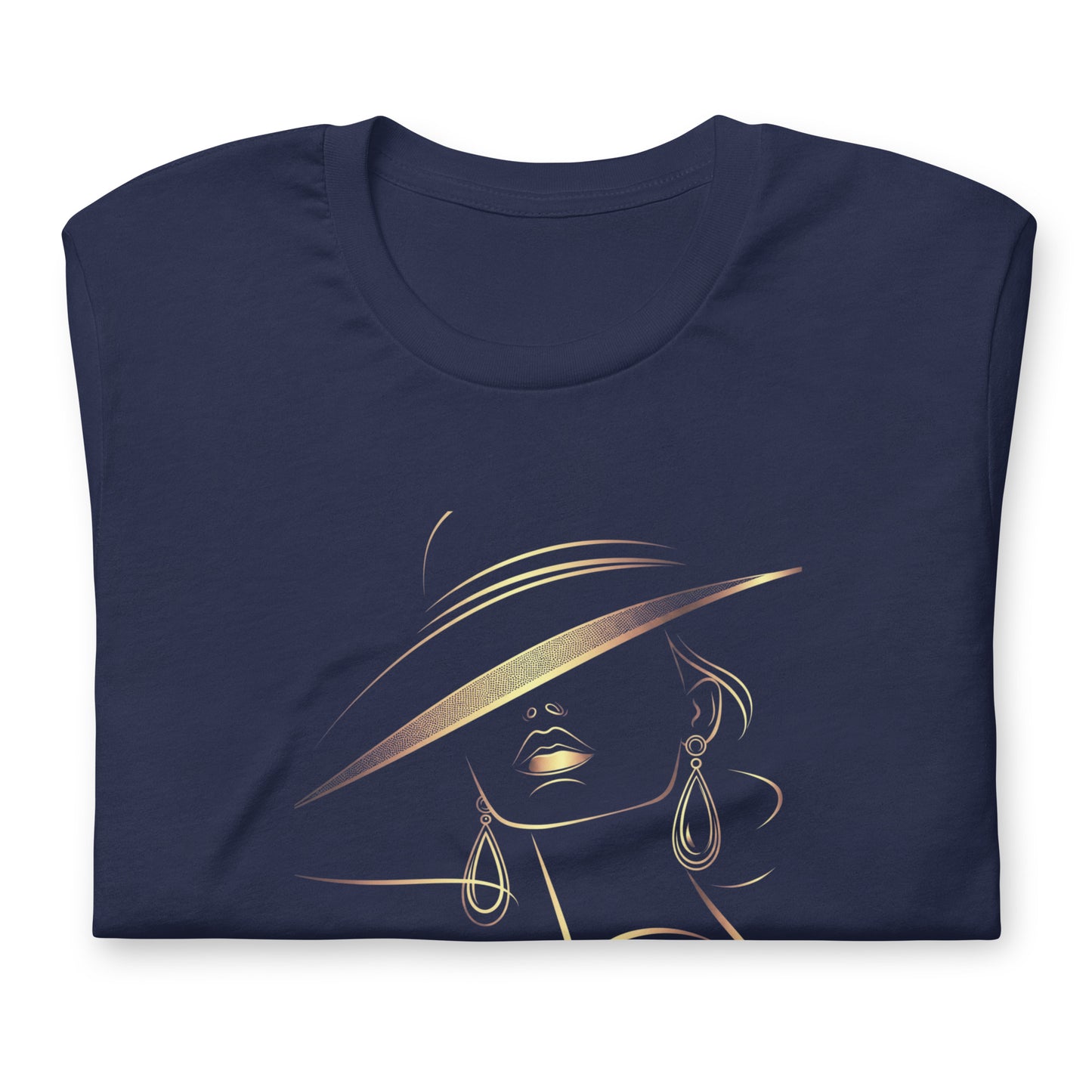 Minimalist Gold Line Art Elegant Woman T-Shirt - Mysterious Lady in Hat Graphic Tee