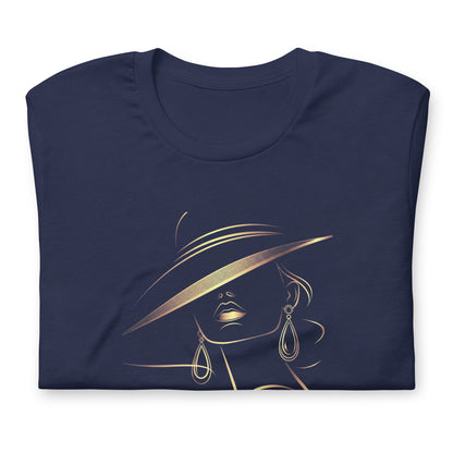 Minimalist Gold Line Art Elegant Woman T-Shirt - Mysterious Lady in Hat Graphic Tee