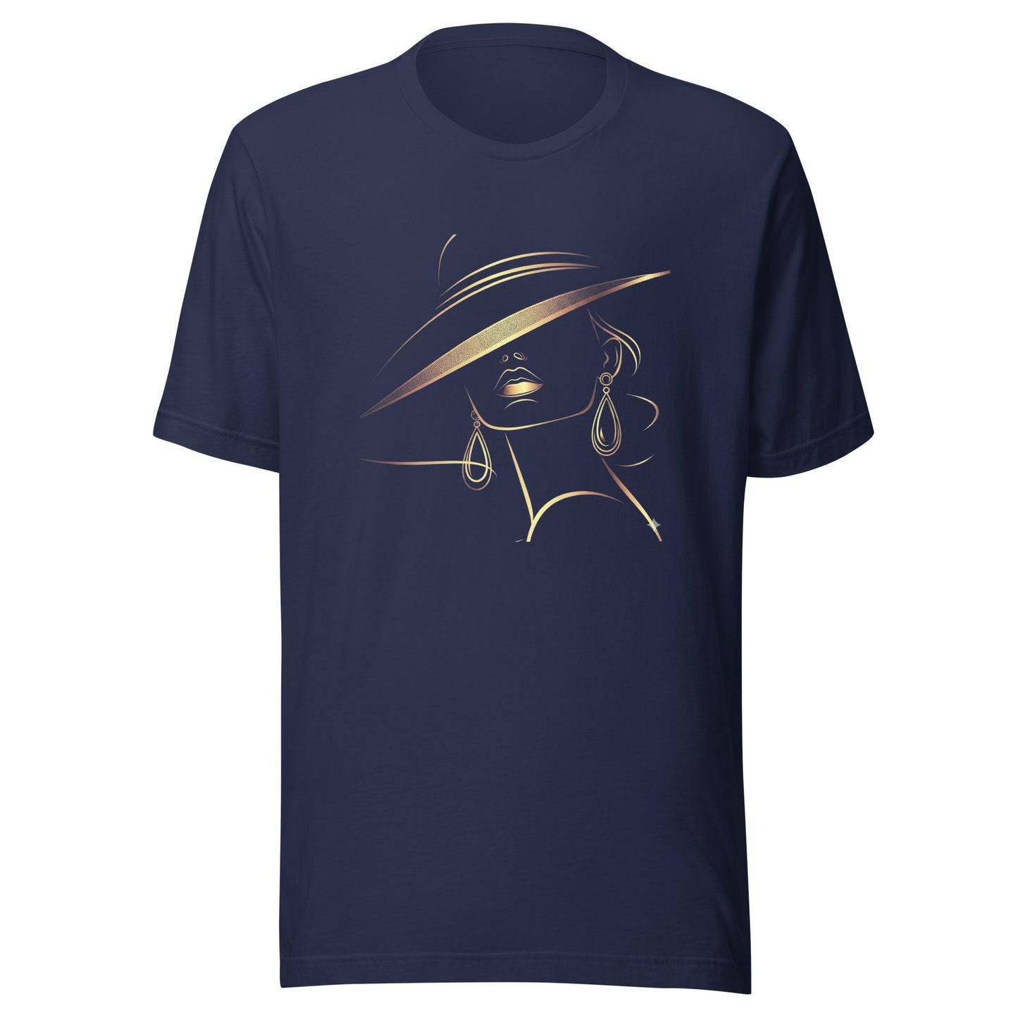 Minimalist Gold Line Art Elegant Woman T-Shirt - Mysterious Lady in Hat Graphic Tee
