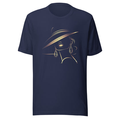 Minimalist Gold Line Art Elegant Woman T-Shirt - Mysterious Lady in Hat Graphic Tee