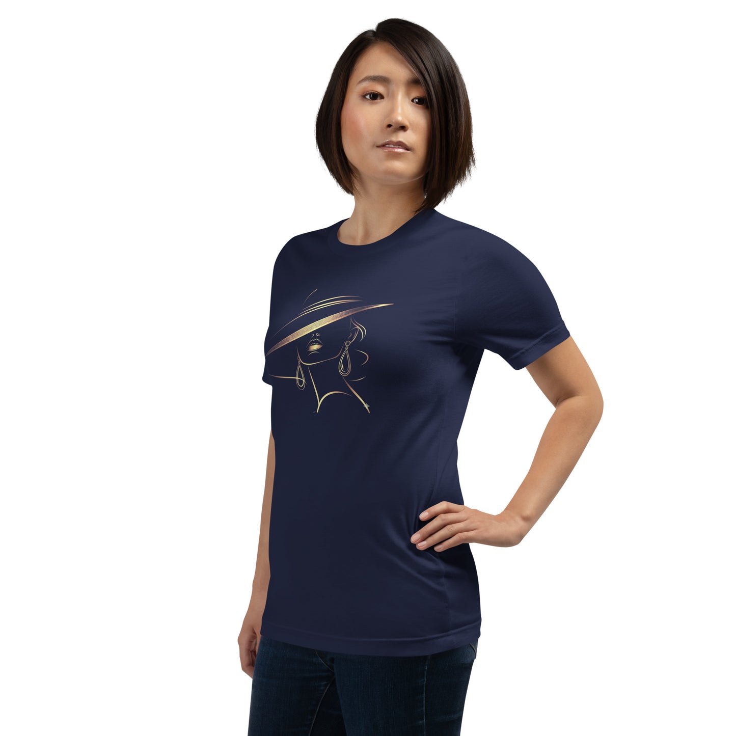 Minimalist Gold Line Art Elegant Woman T-Shirt - Mysterious Lady in Hat Graphic Tee