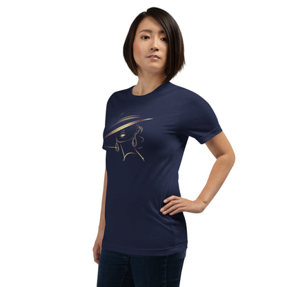 Minimalist Gold Line Art Elegant Woman T-Shirt - Mysterious Lady in Hat Graphic Tee