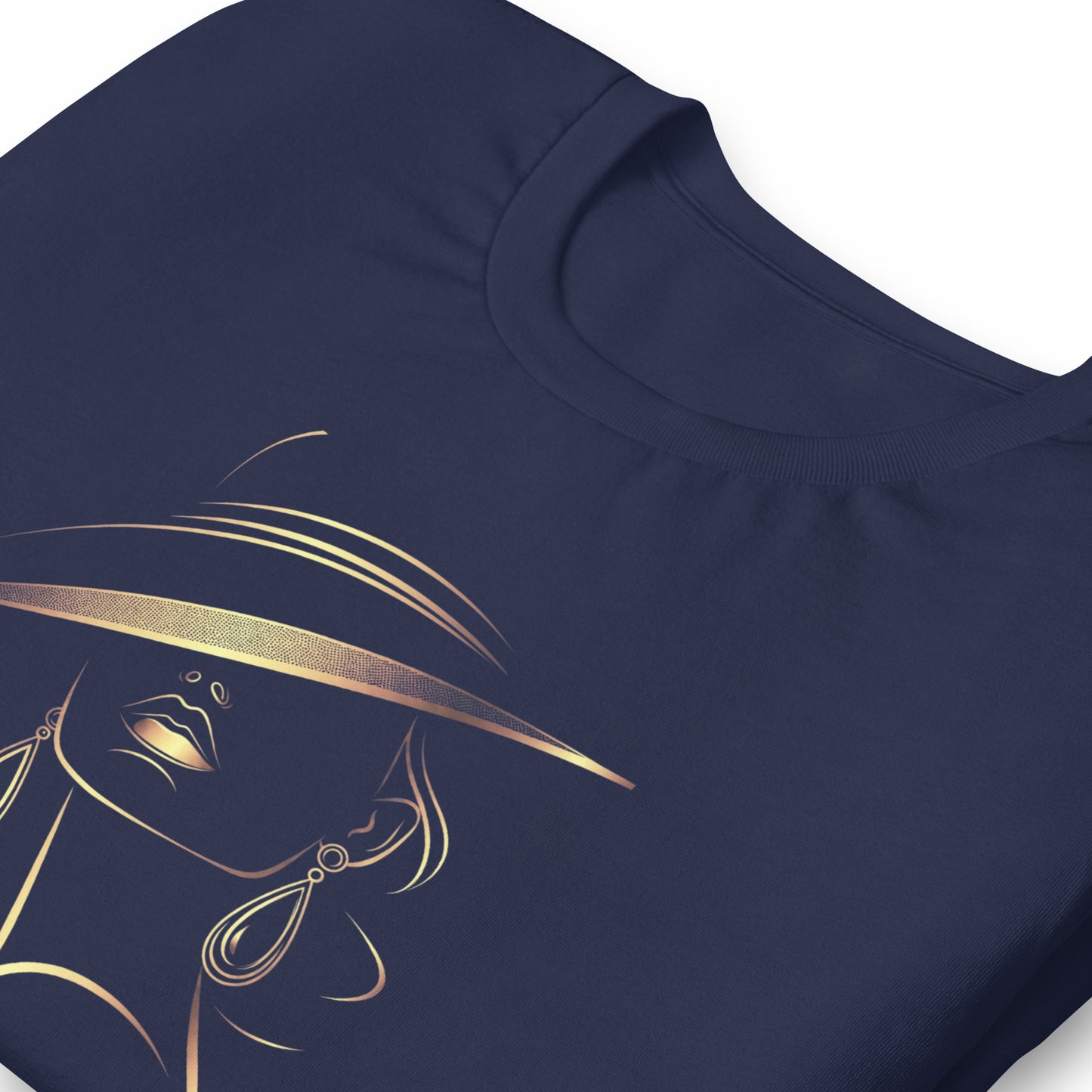 Minimalist Gold Line Art Elegant Woman T-Shirt - Mysterious Lady in Hat Graphic Tee