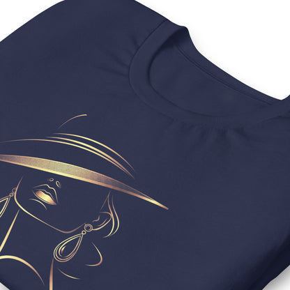 Minimalist Gold Line Art Elegant Woman T-Shirt - Mysterious Lady in Hat Graphic Tee