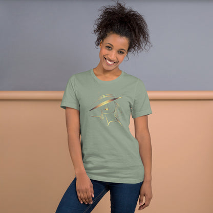 Minimalist Gold Line Art Elegant Woman T-Shirt - Mysterious Lady in Hat Graphic Tee