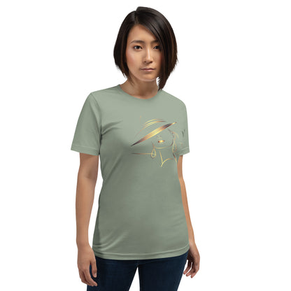 Minimalist Gold Line Art Elegant Woman T-Shirt - Mysterious Lady in Hat Graphic Tee