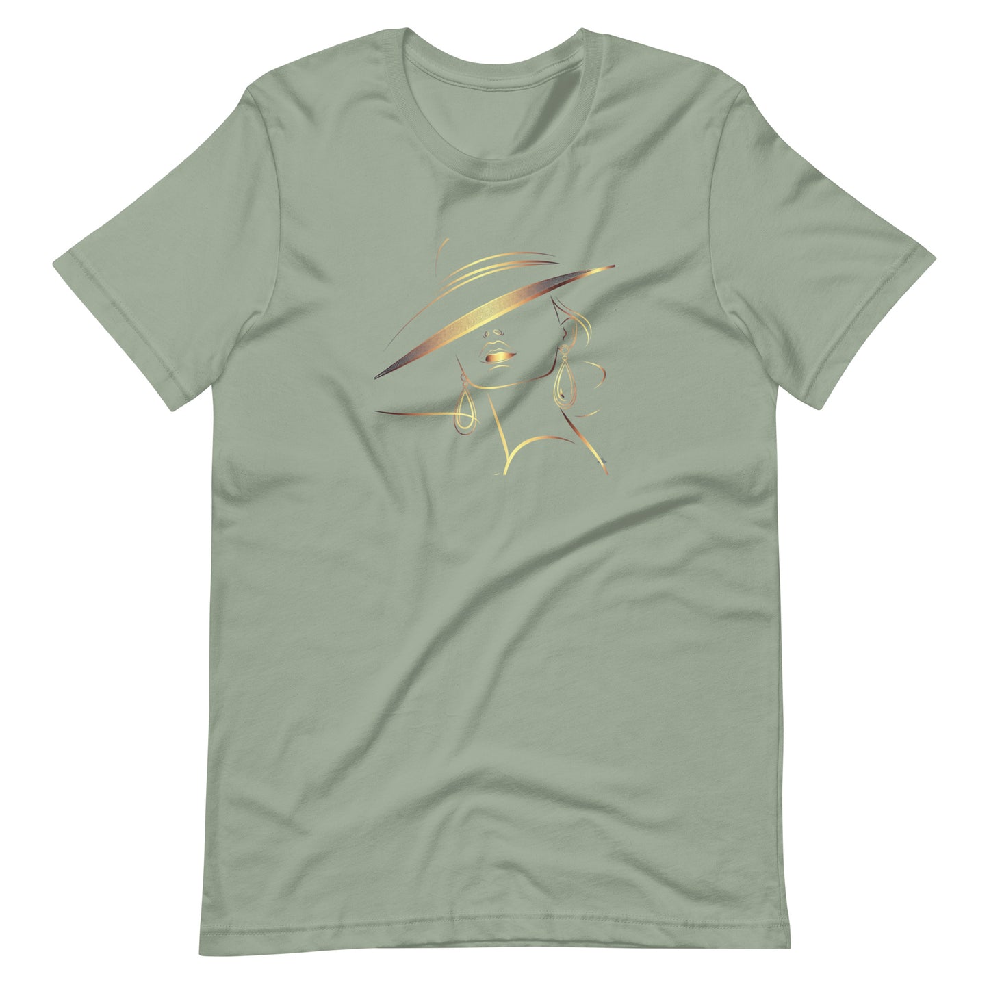 Minimalist Gold Line Art Elegant Woman T-Shirt - Mysterious Lady in Hat Graphic Tee