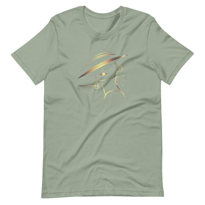 Minimalist Gold Line Art Elegant Woman T-Shirt - Mysterious Lady in Hat Graphic Tee