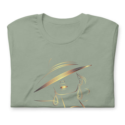 Minimalist Gold Line Art Elegant Woman T-Shirt - Mysterious Lady in Hat Graphic Tee