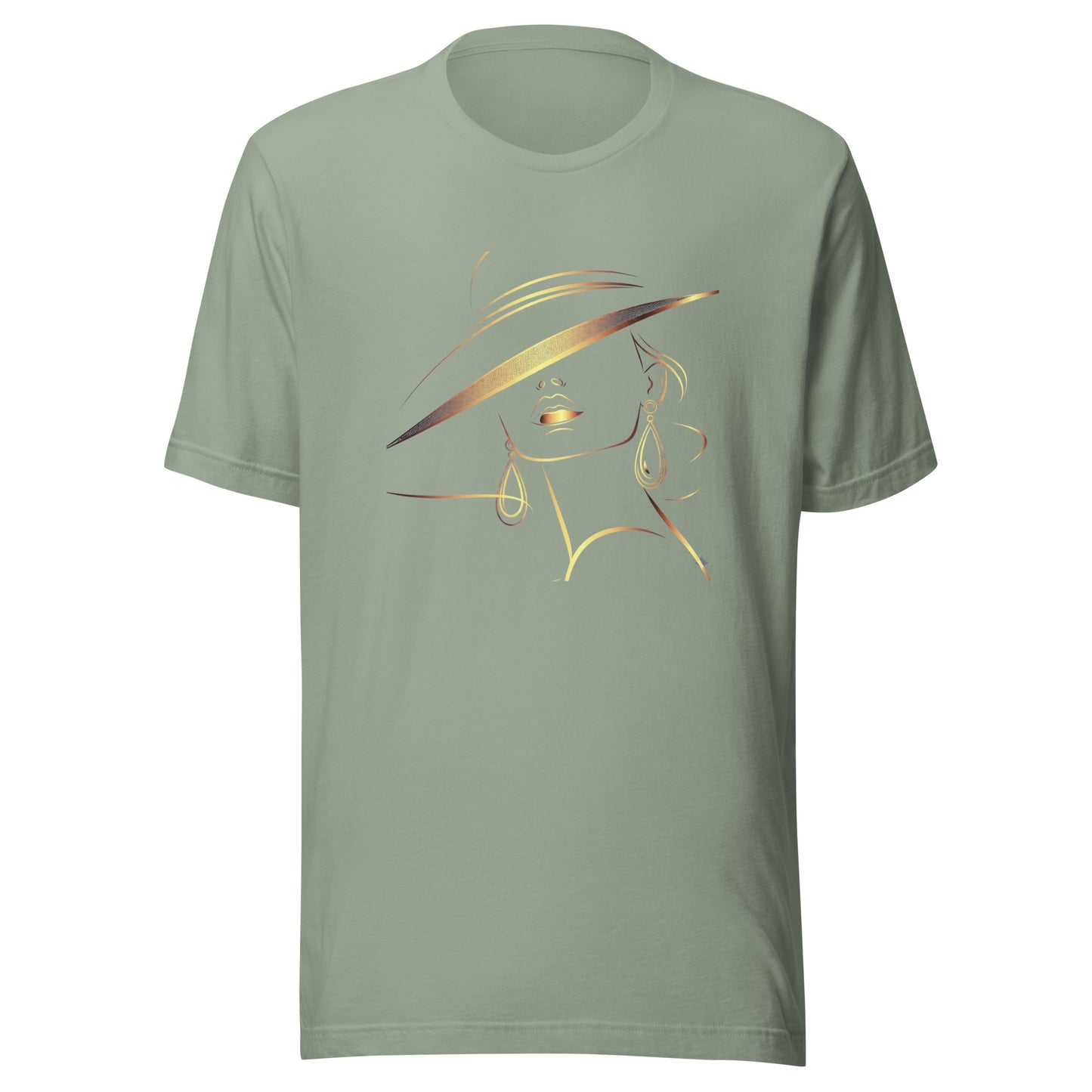 Minimalist Gold Line Art Elegant Woman T-Shirt - Mysterious Lady in Hat Graphic Tee
