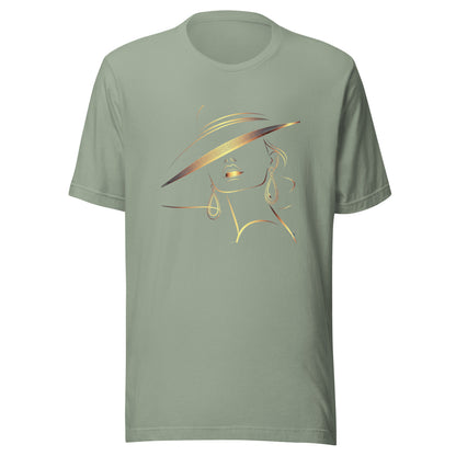 Minimalist Gold Line Art Elegant Woman T-Shirt - Mysterious Lady in Hat Graphic Tee