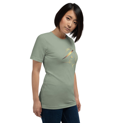 Minimalist Gold Line Art Elegant Woman T-Shirt - Mysterious Lady in Hat Graphic Tee