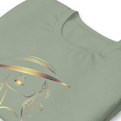 Minimalist Gold Line Art Elegant Woman T-Shirt - Mysterious Lady in Hat Graphic Tee