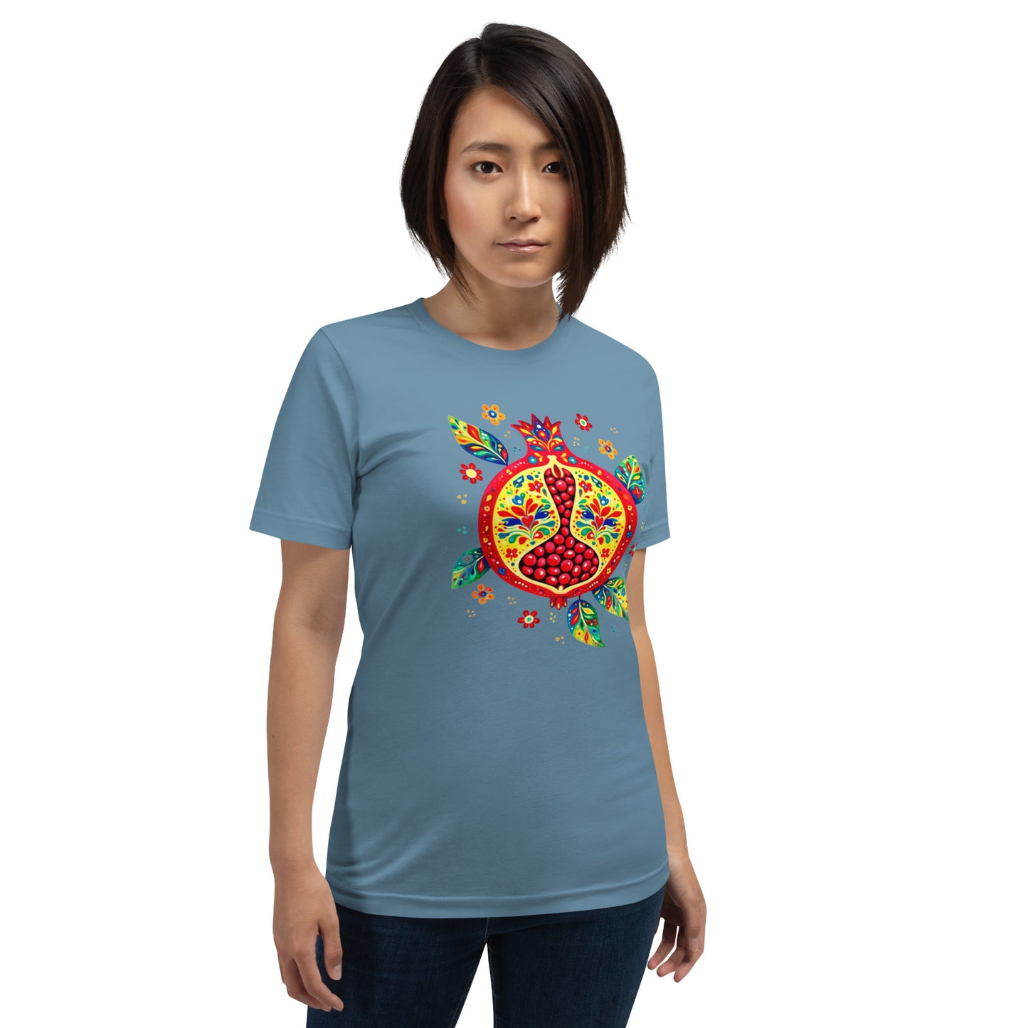 Elyx "Vibrant Pomegranate" Folk Art Graphic Tee - Premium Soft Cotton T-Shirt for Women