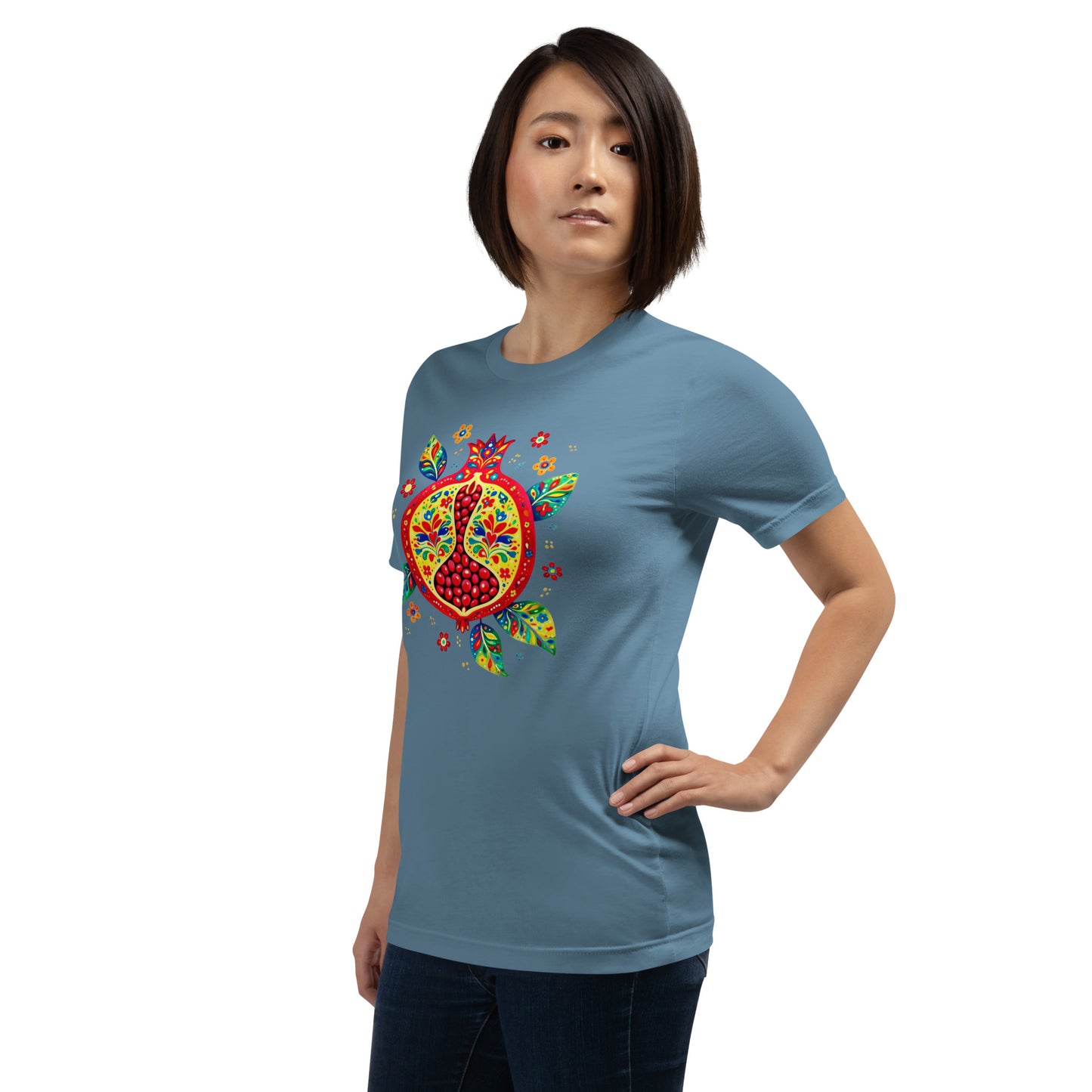 Elyx "Vibrant Pomegranate" Folk Art Graphic Tee - Premium Soft Cotton T-Shirt for Women