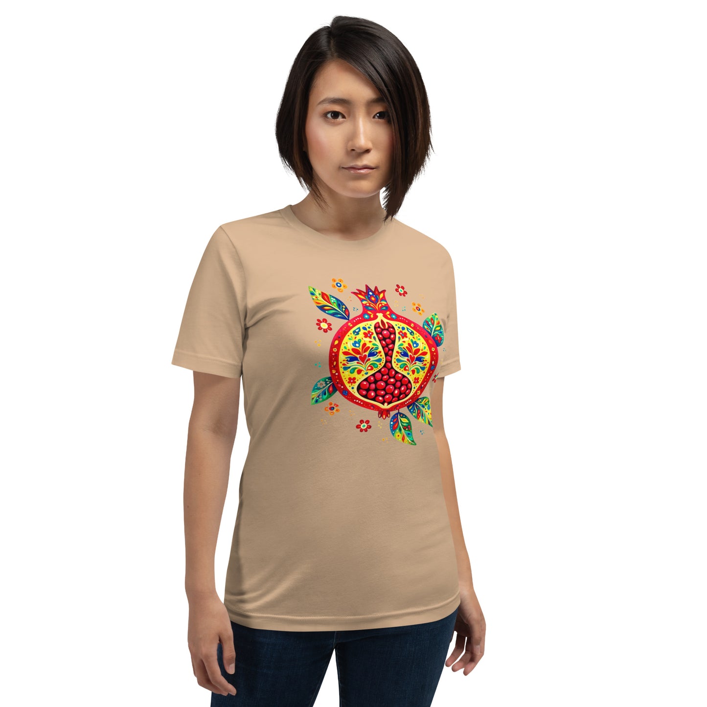 Elyx "Vibrant Pomegranate" Folk Art Graphic Tee - Premium Soft Cotton T-Shirt for Women