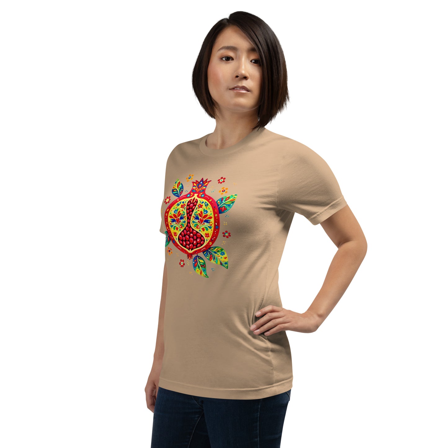 Elyx "Vibrant Pomegranate" Folk Art Graphic Tee - Premium Soft Cotton T-Shirt for Women
