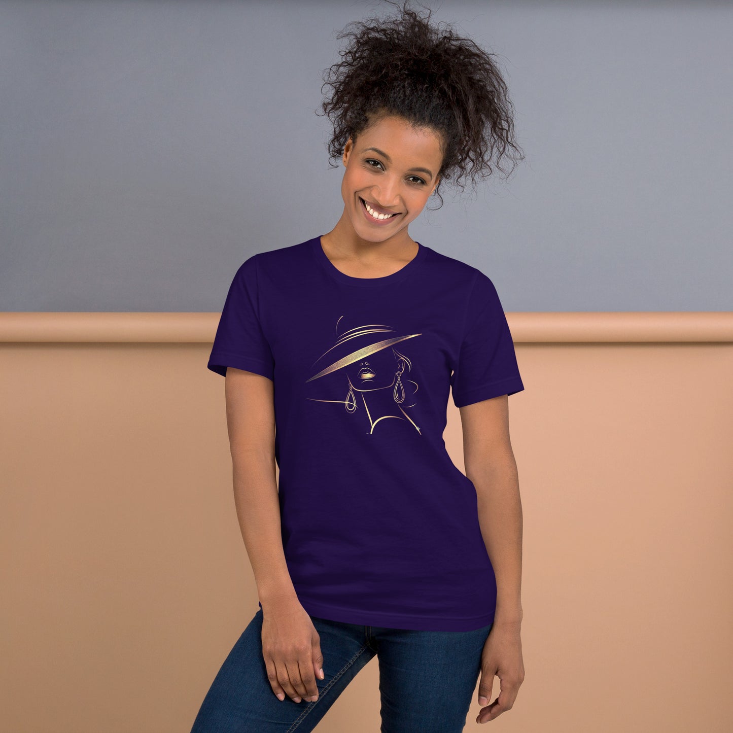 Minimalist Gold Line Art Elegant Woman T-Shirt - Mysterious Lady in Hat Graphic Tee