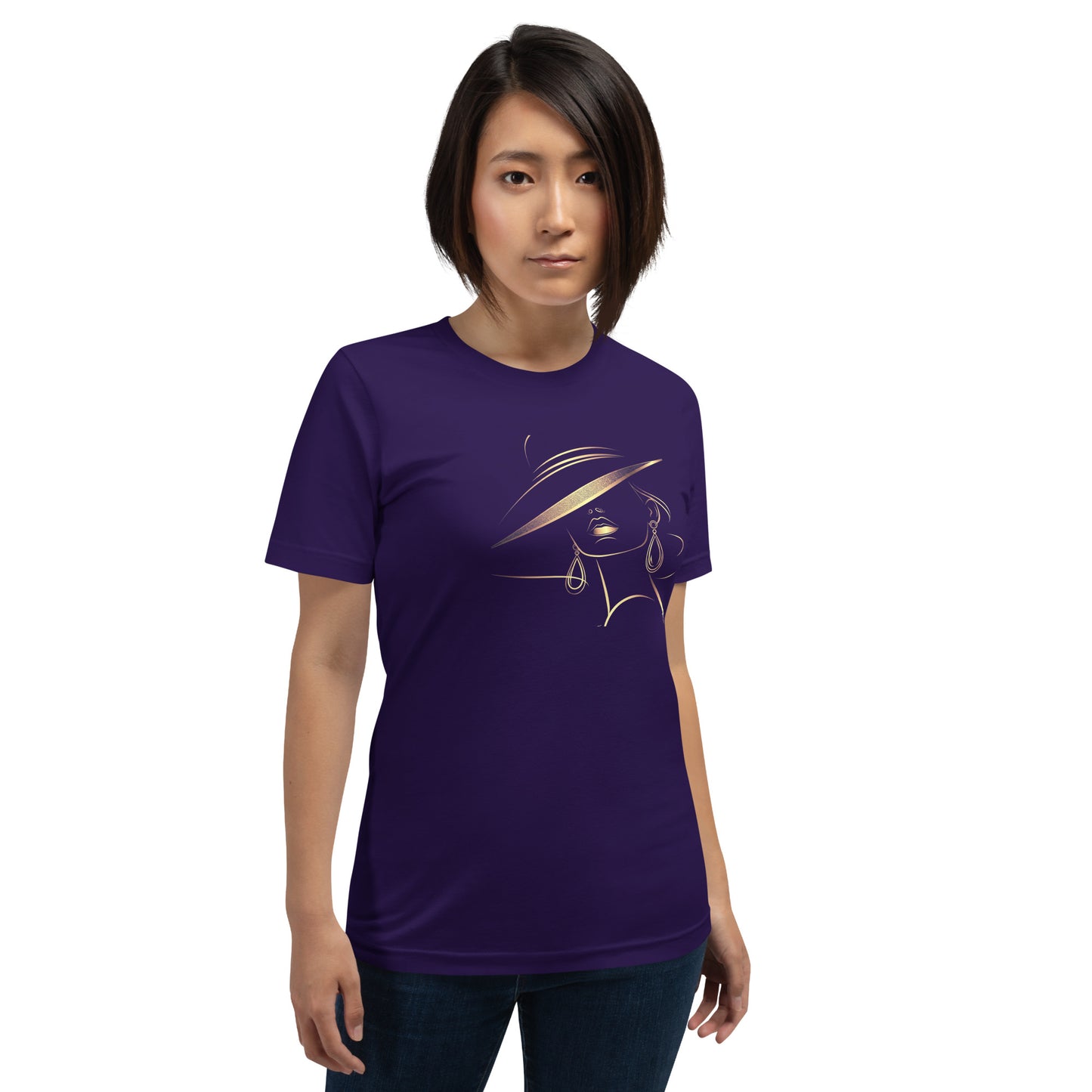Minimalist Gold Line Art Elegant Woman T-Shirt - Mysterious Lady in Hat Graphic Tee