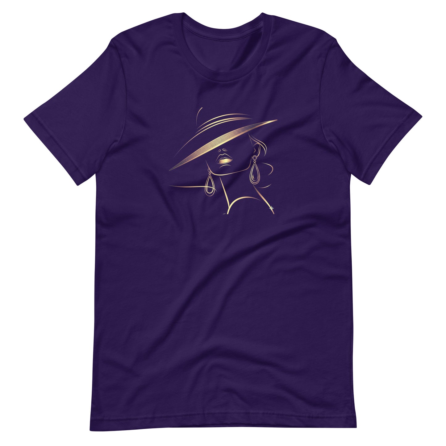 Minimalist Gold Line Art Elegant Woman T-Shirt - Mysterious Lady in Hat Graphic Tee