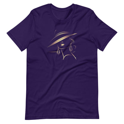 Minimalist Gold Line Art Elegant Woman T-Shirt - Mysterious Lady in Hat Graphic Tee