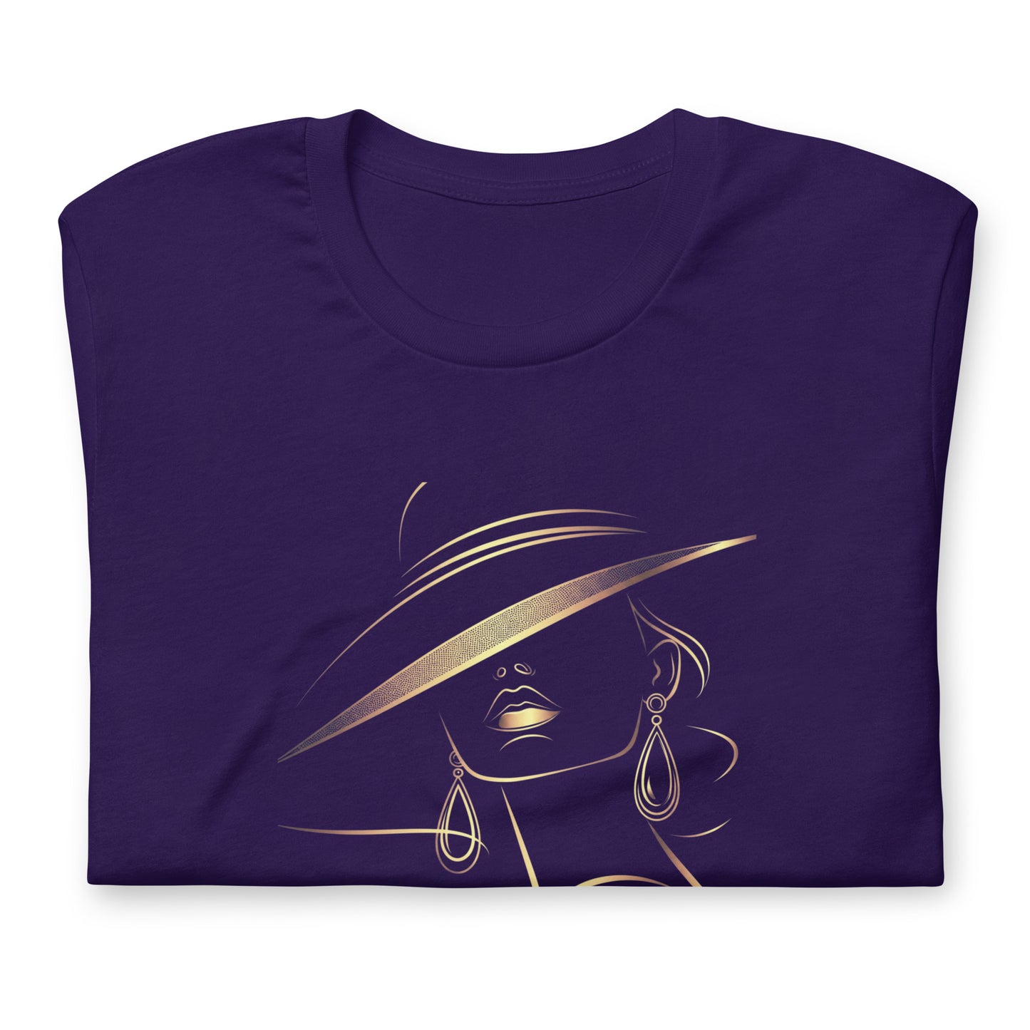 Minimalist Gold Line Art Elegant Woman T-Shirt - Mysterious Lady in Hat Graphic Tee