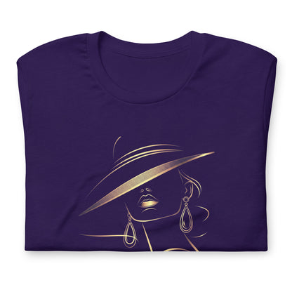 Minimalist Gold Line Art Elegant Woman T-Shirt - Mysterious Lady in Hat Graphic Tee
