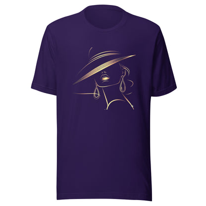 Minimalist Gold Line Art Elegant Woman T-Shirt - Mysterious Lady in Hat Graphic Tee