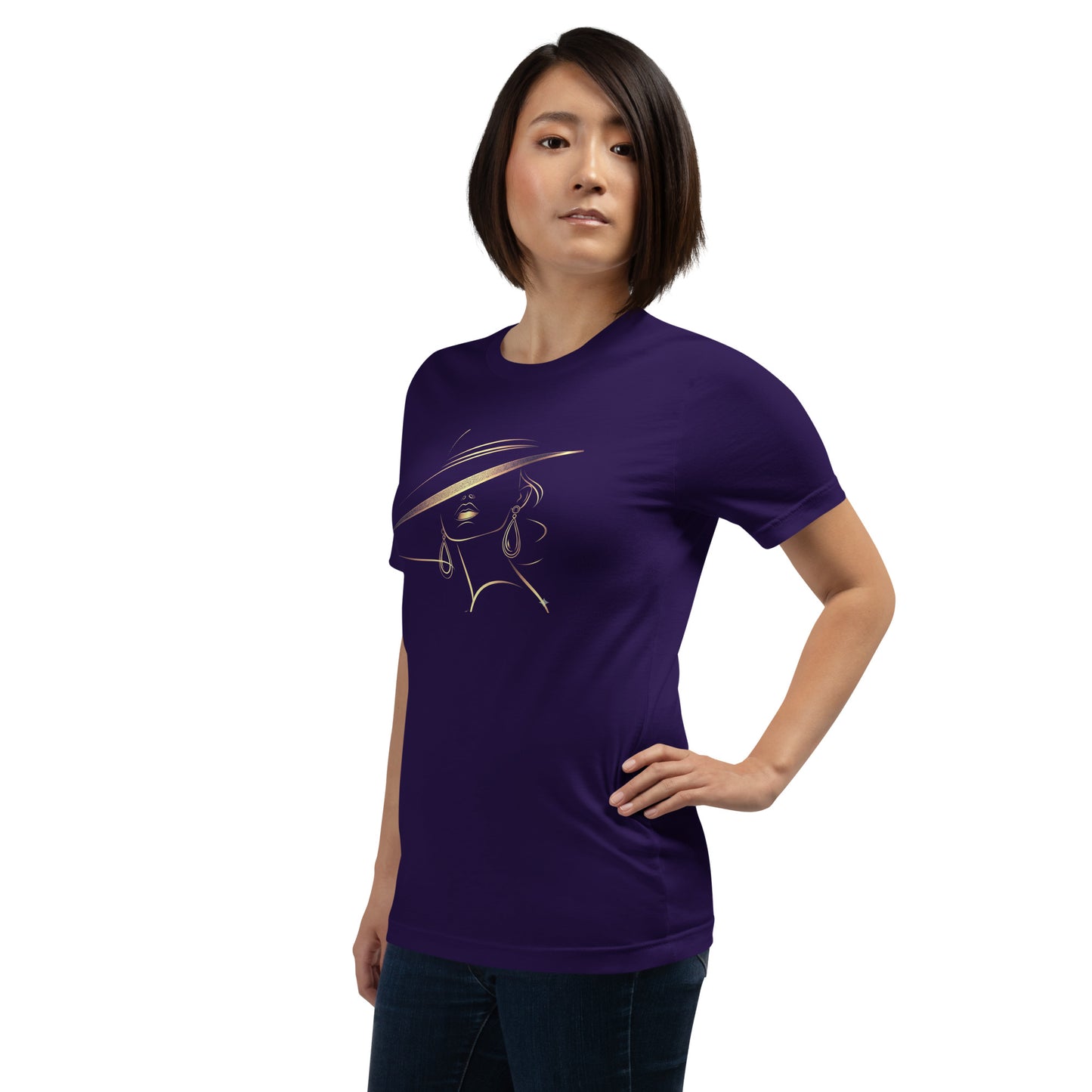 Minimalist Gold Line Art Elegant Woman T-Shirt - Mysterious Lady in Hat Graphic Tee