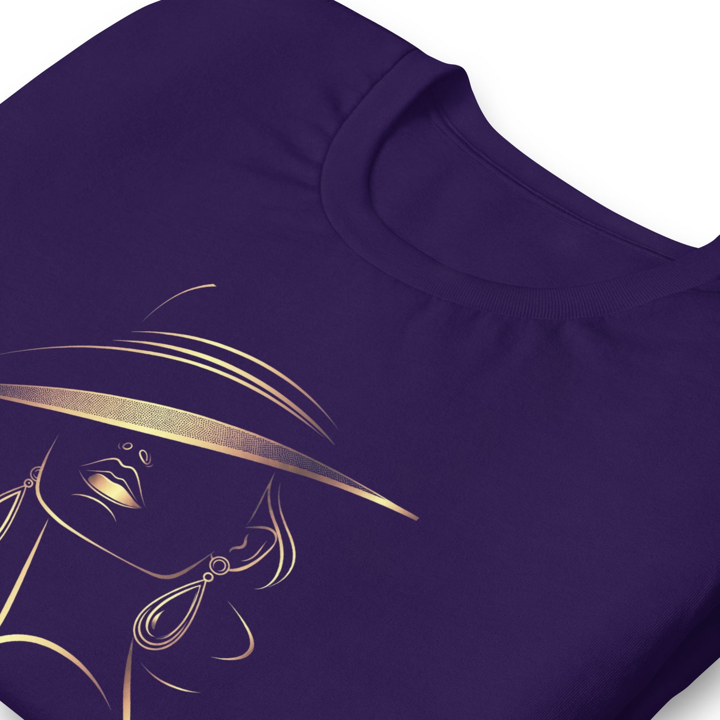 Minimalist Gold Line Art Elegant Woman T-Shirt - Mysterious Lady in Hat Graphic Tee