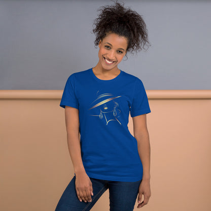 Minimalist Gold Line Art Elegant Woman T-Shirt - Mysterious Lady in Hat Graphic Tee
