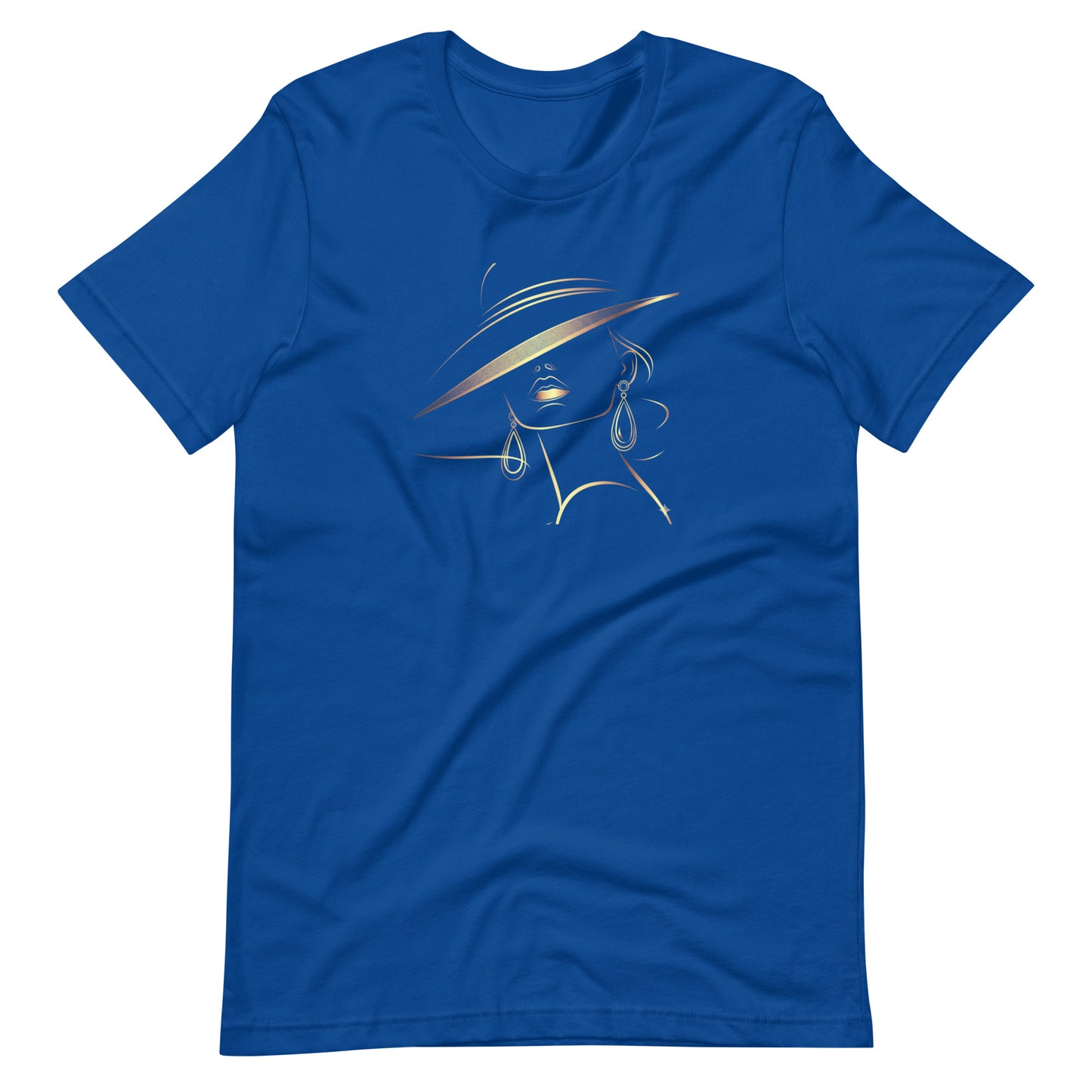 Minimalist Gold Line Art Elegant Woman T-Shirt - Mysterious Lady in Hat Graphic Tee