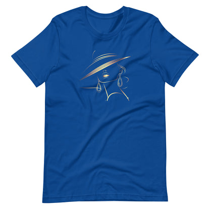 Minimalist Gold Line Art Elegant Woman T-Shirt - Mysterious Lady in Hat Graphic Tee