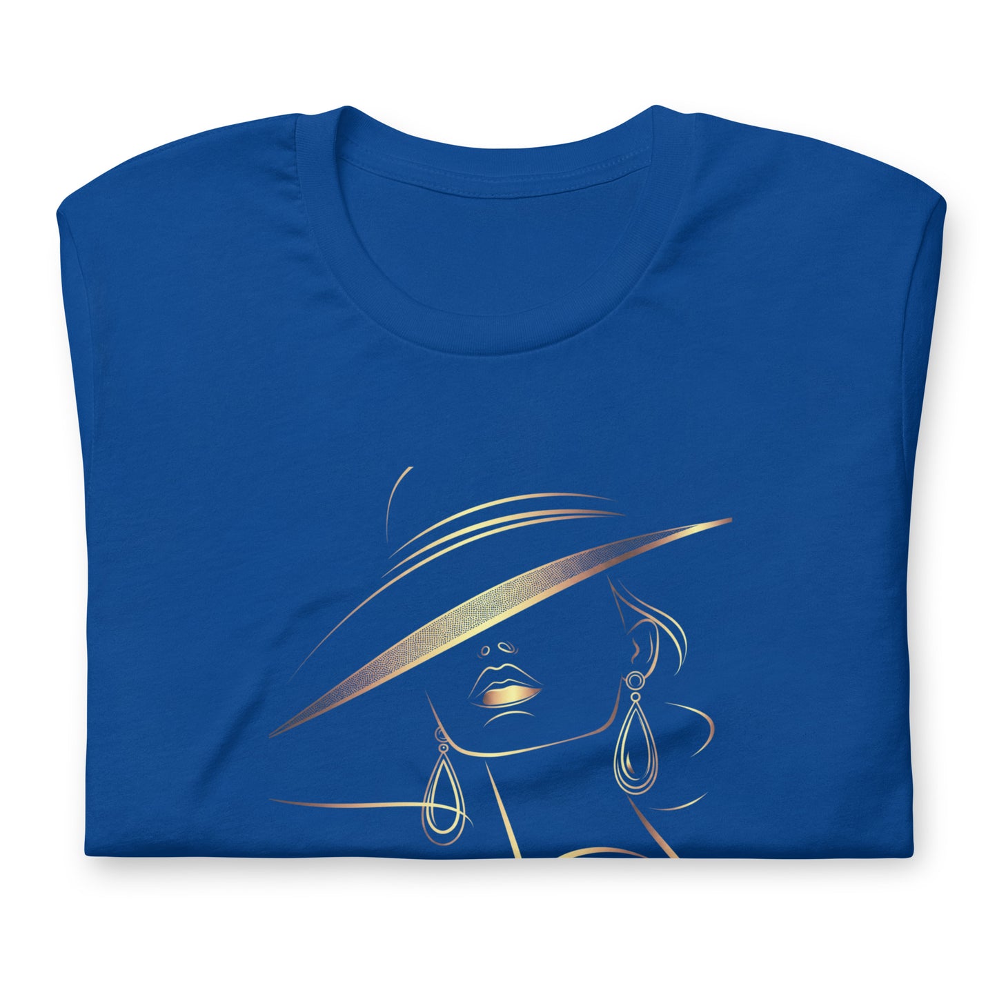 Minimalist Gold Line Art Elegant Woman T-Shirt - Mysterious Lady in Hat Graphic Tee