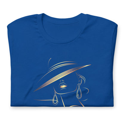 Minimalist Gold Line Art Elegant Woman T-Shirt - Mysterious Lady in Hat Graphic Tee