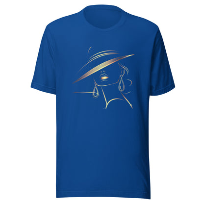 Minimalist Gold Line Art Elegant Woman T-Shirt - Mysterious Lady in Hat Graphic Tee